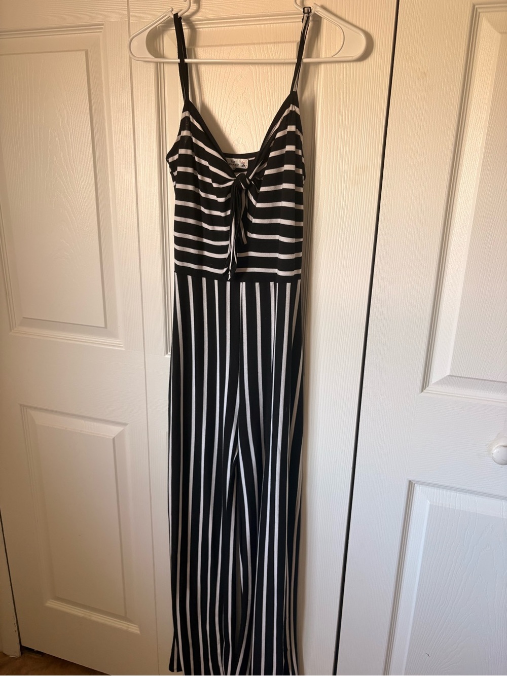 Striped Black and White Spaghetti-Strap Jumpsuit